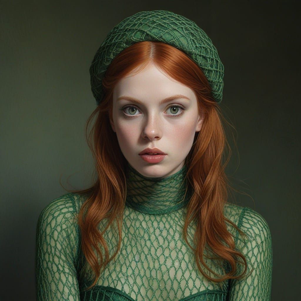 Redhead in Green Fishnet, Oil Painting Portrait