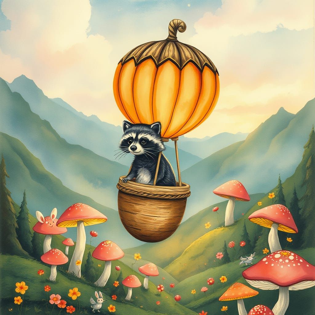 Raccoon's Acorn Balloon Flight Over Mushroom Valley