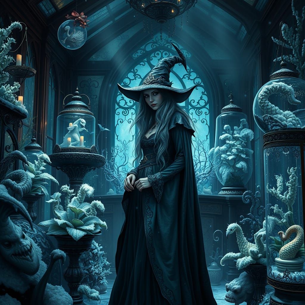 Mystical Ice Witch in Steampunk Conservatory