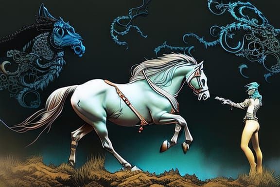 Steampunk War Horse in Liquid Gouache Style