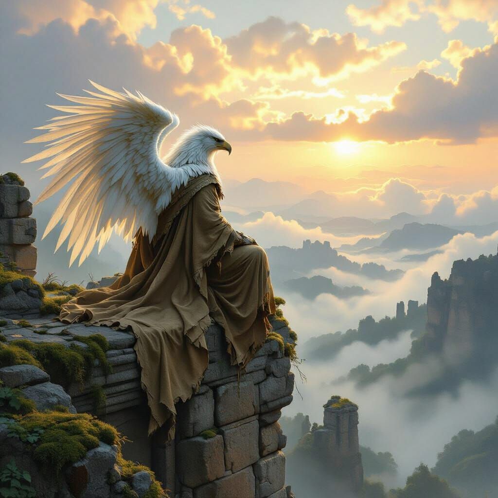 Majestic Griffin Overlooking Misty Valley at Dawn
