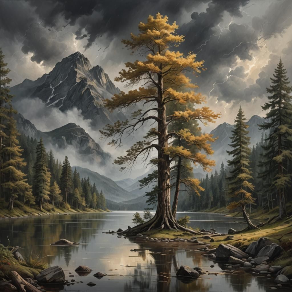 Hyperrealistic Forest Landscape with Lake and Mountains