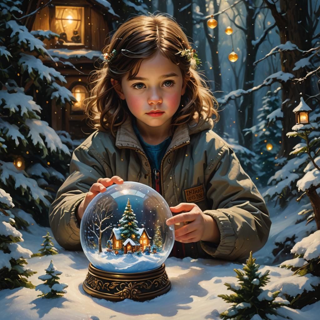 Enchanted Snow Globe Held by Cute Child: Oil Painting