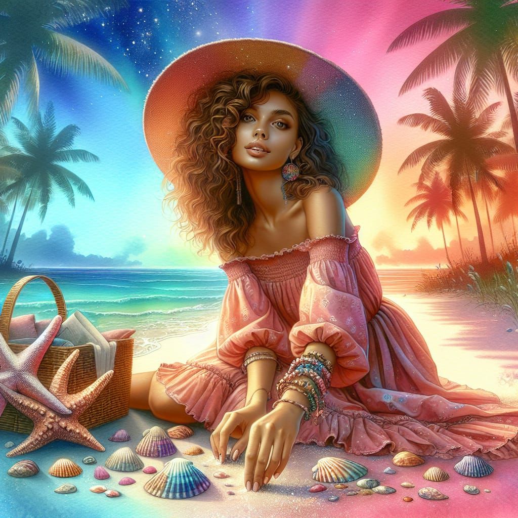 Bohemian Woman on Beach in Watercolor Digital Art