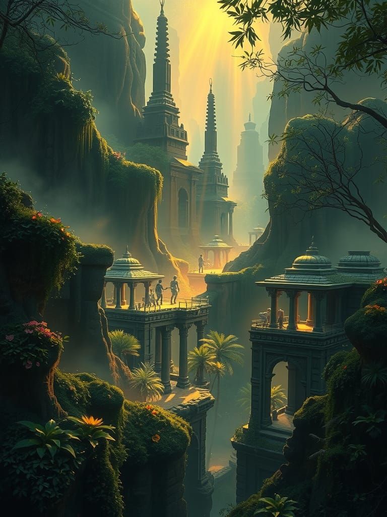 Ancient Lost City in Mist, Hyper-Realistic Digital Painting