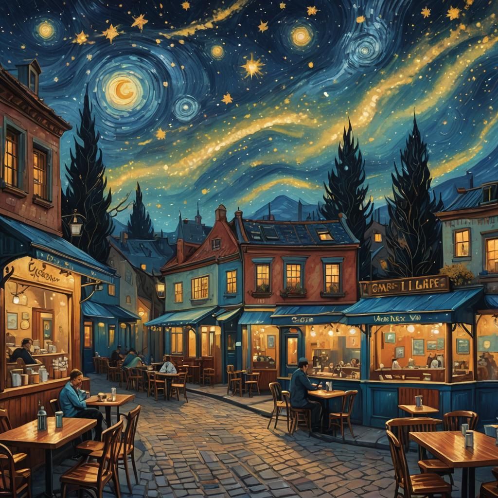Coffee Shop Under Van Gogh Starry Night Sky