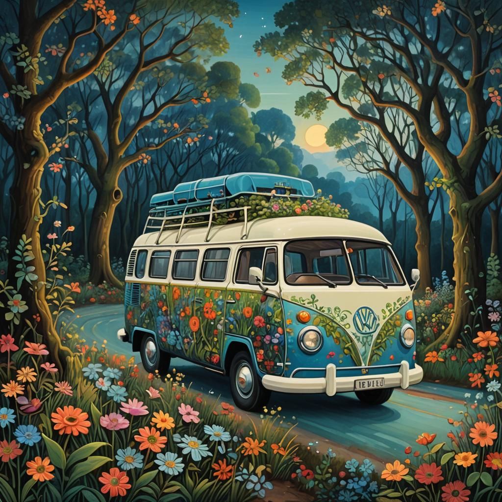 Fantasy Campervan in Naive Art Style