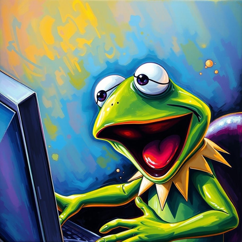 Kermit the Frog mouth agape & eyes bulging as he sees someth...