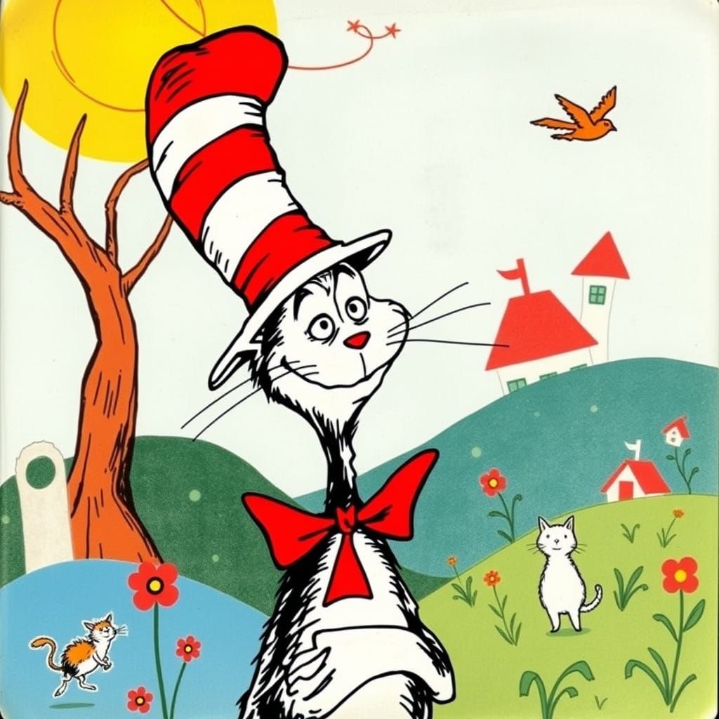 Mischievous Cat in Striped Hat, Seuss Style