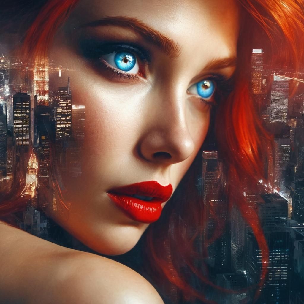 Woman with Blue Eyes Gazing at Cityscape