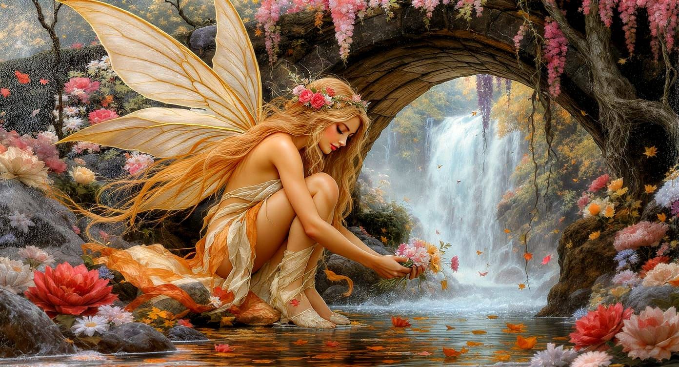 Colorful Fairy Portrait in Magical Forest Oil Painting