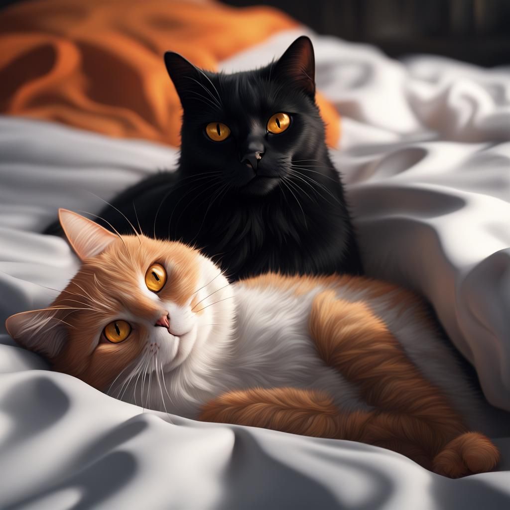 Black Cat Longing for Ginger Cat: Detailed Matte Painting