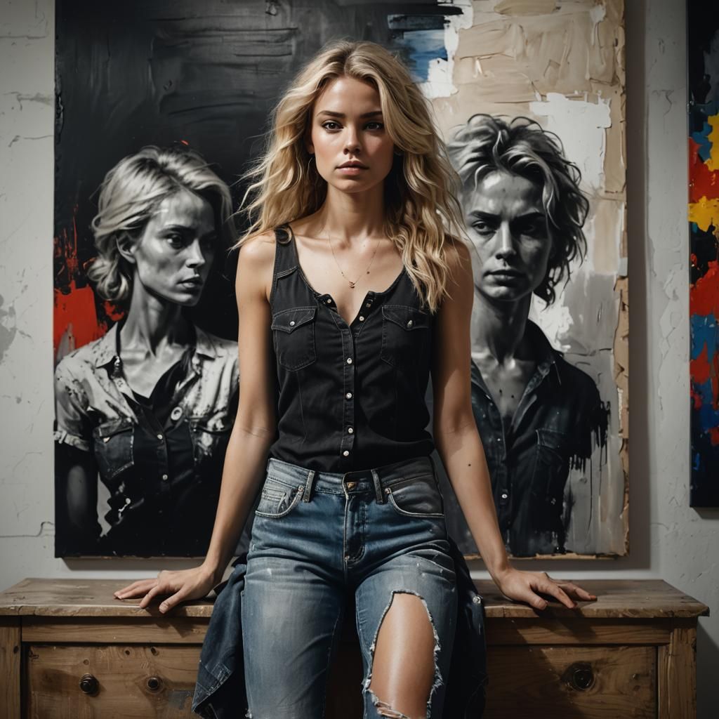 Black and White Portrait of Blonde in Art Gallery