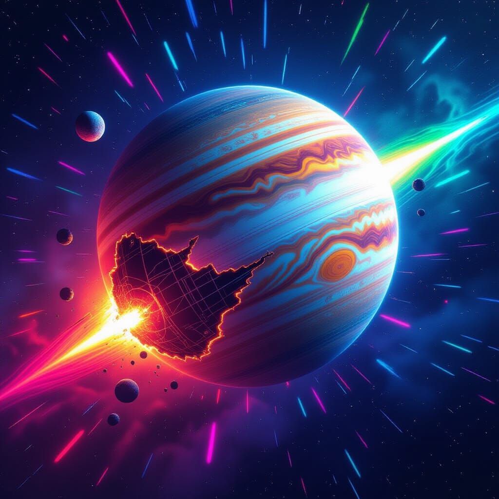 Jupiter Destroyed by Death Star in Psychedelic Neon