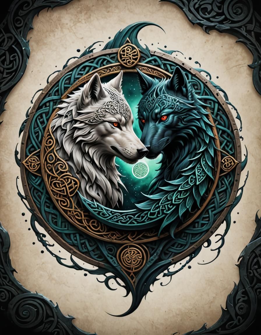 Celtic Wolf Yin Yang Tattoo in Detailed Matte Style
