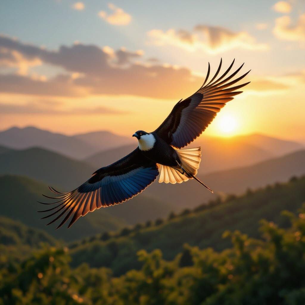 Majestic Bird Soars in Golden Hour Sky, Realistic Nature Sce...