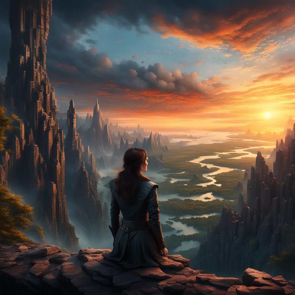 Brunette Gazing at Abyss in Digital Matte Painting