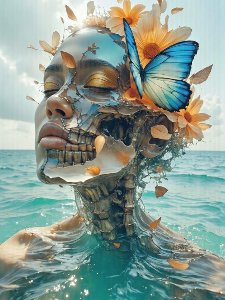 Surreal Double Exposure Portrait of Woman and Skeleton