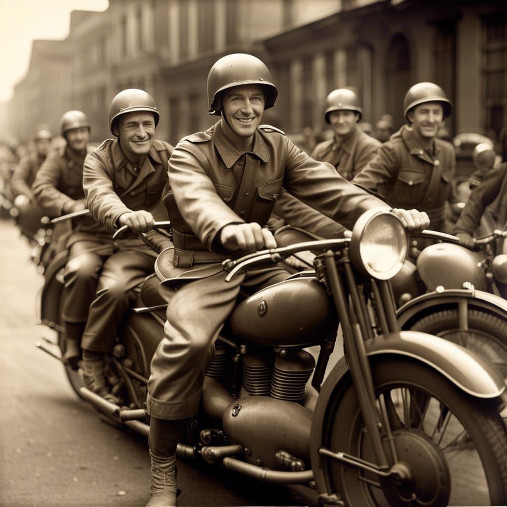 WWII Soldiers on Motorcycles, Vintage Photograph