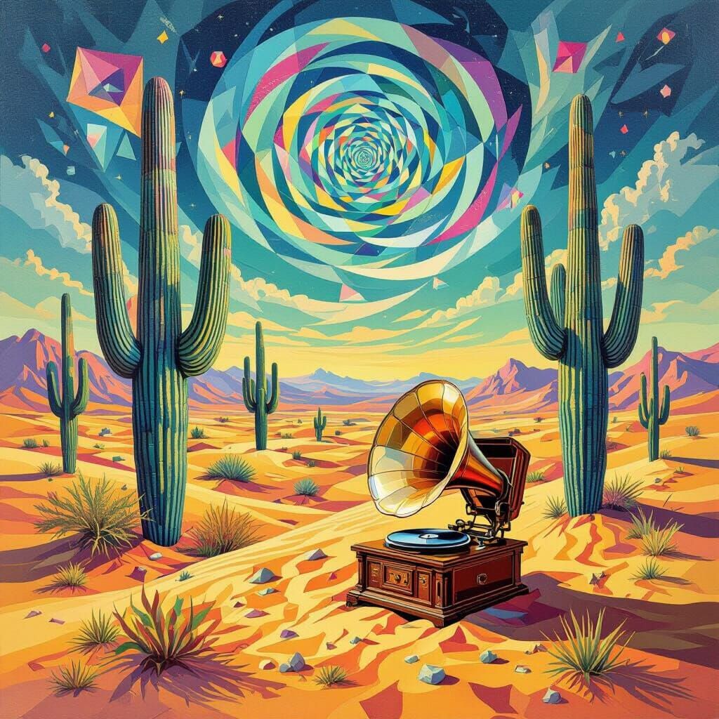 Surreal Desert with Crystal Cacti and Geometric Sky