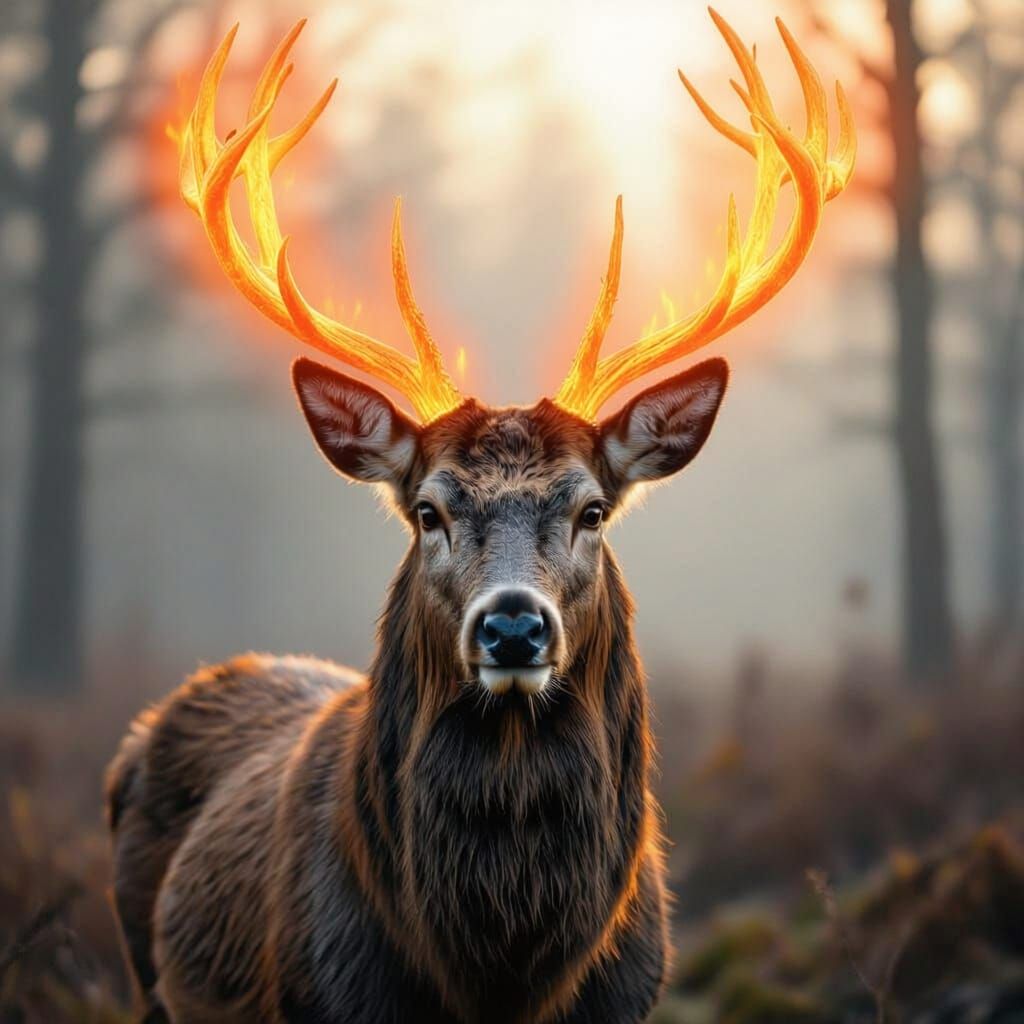 Majestic Deer with Flaming Antlers, Photorealistic