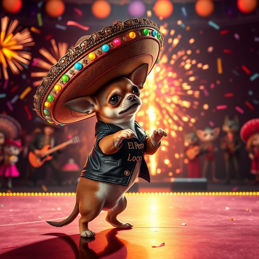 Rockstar Chihuahua with Mariachi Cats in Animated Style