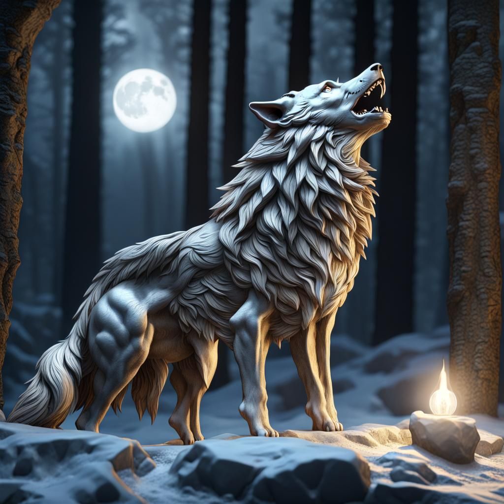 Silver Dire Wolf Howling at Moonlit Forest