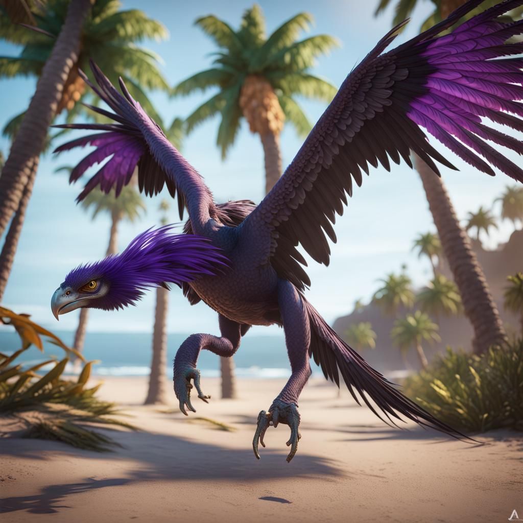 Purple Feathered Pyroraptor Charges on Tropical Beach