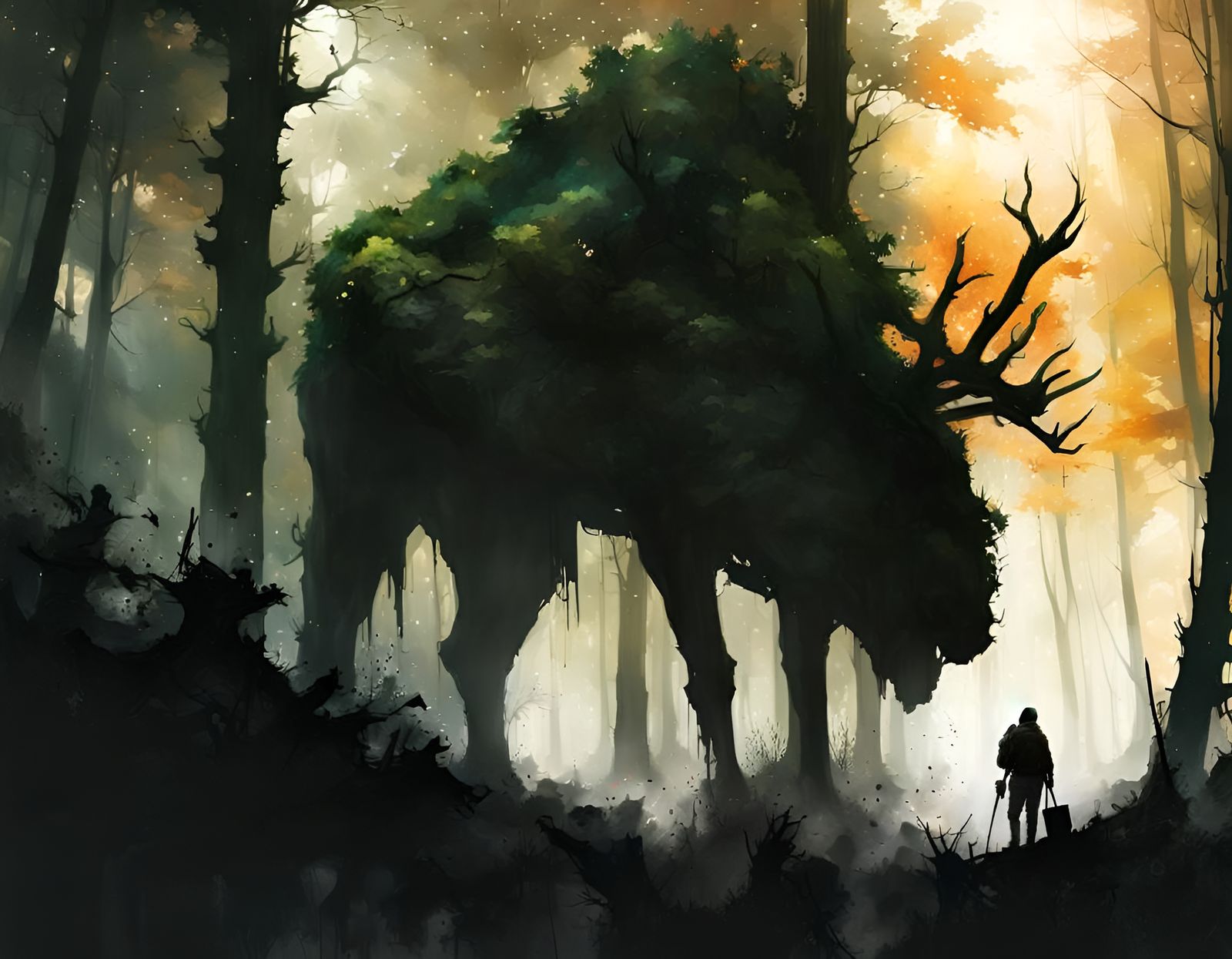 Ink Splatter Forest Silhouette in Space