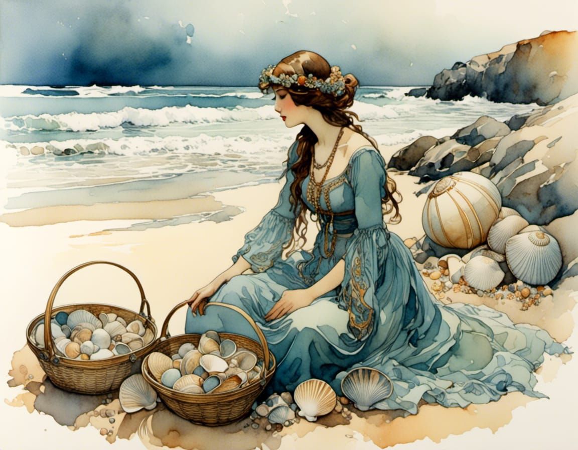Breton Woman on Beach in Art Nouveau Style