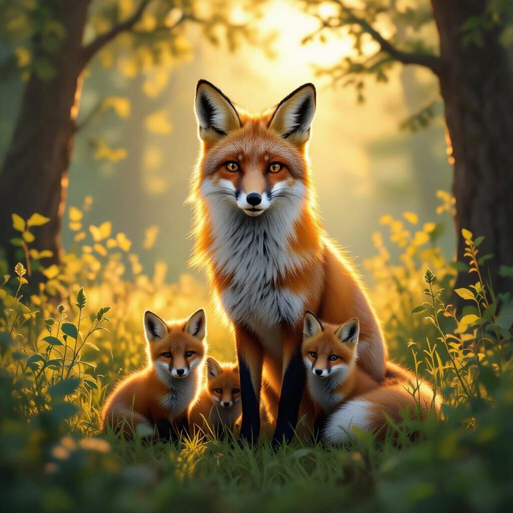 Fox Family in Forest Clearing at Dawn