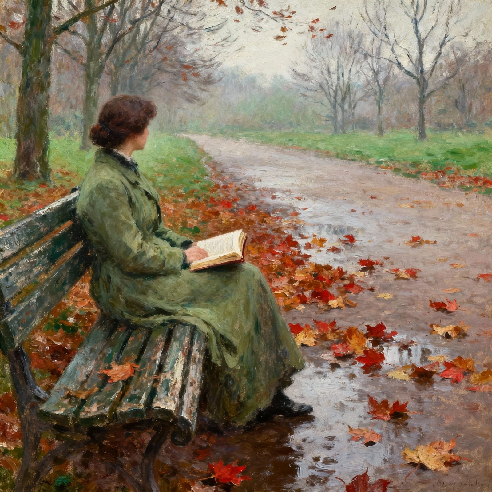 Solitary Figure on Park Bench in Impressionistic Oil Paintin...