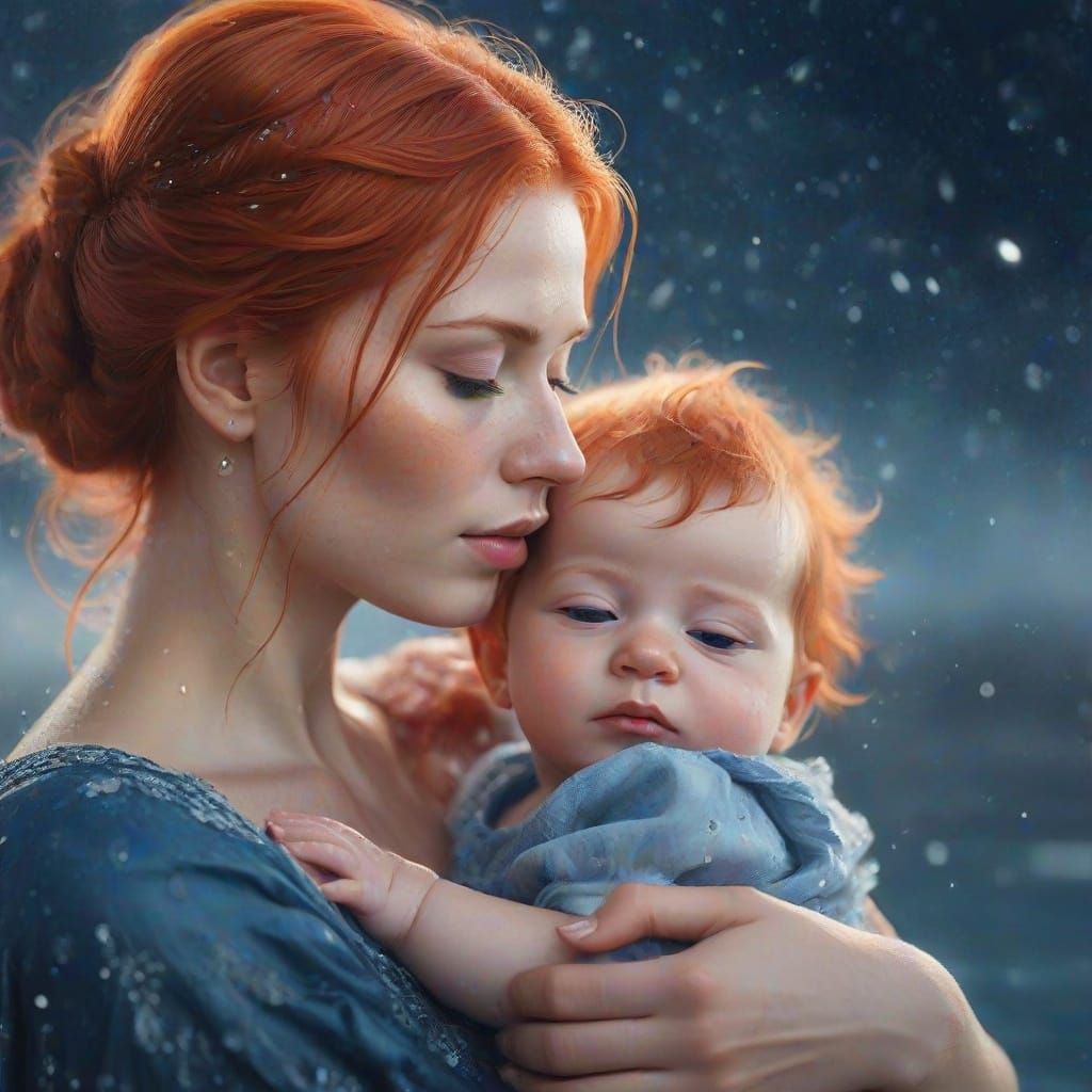 Ethereal Scandinavian Mother Embracing Newborn Son in Whimsi...