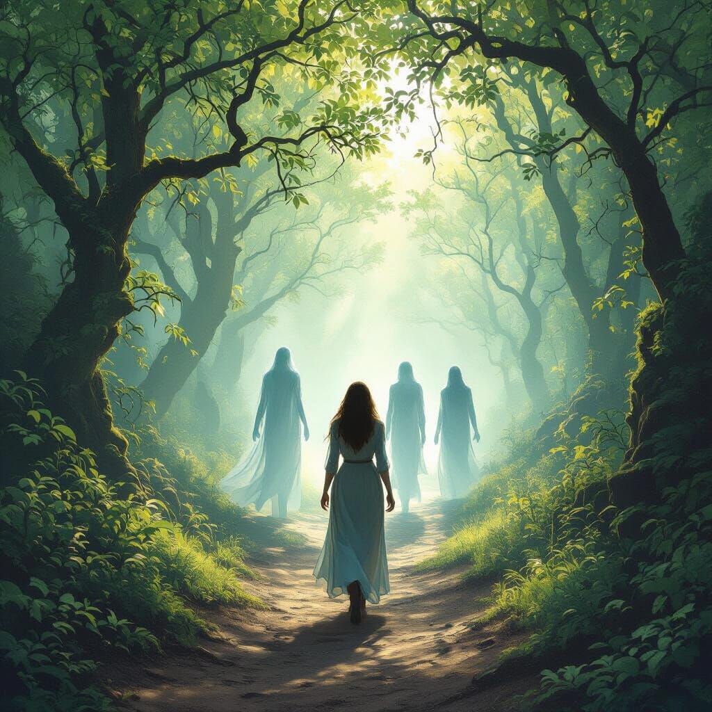 Ghostly Figures on Ancient Forest Path in Ethereal Light