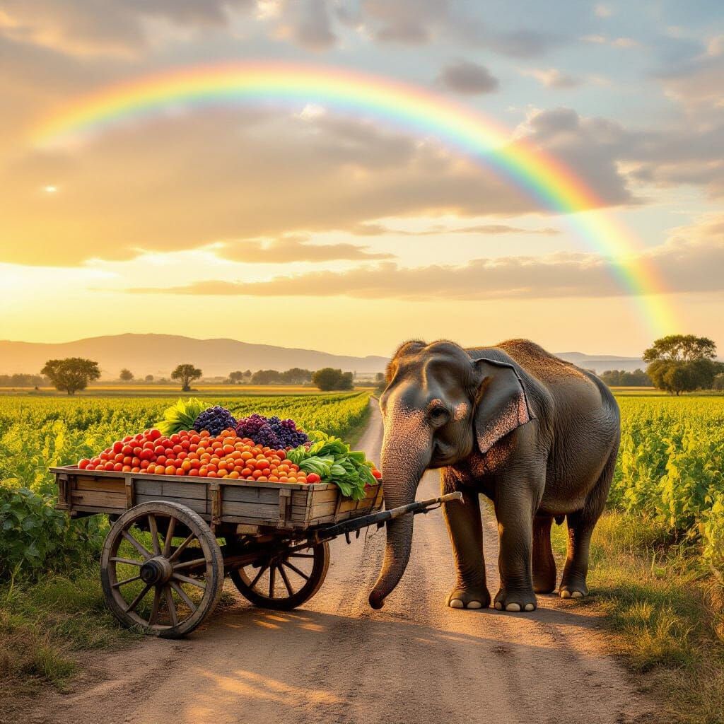 Elephant & Abundant Harvest Cart in Golden Hour