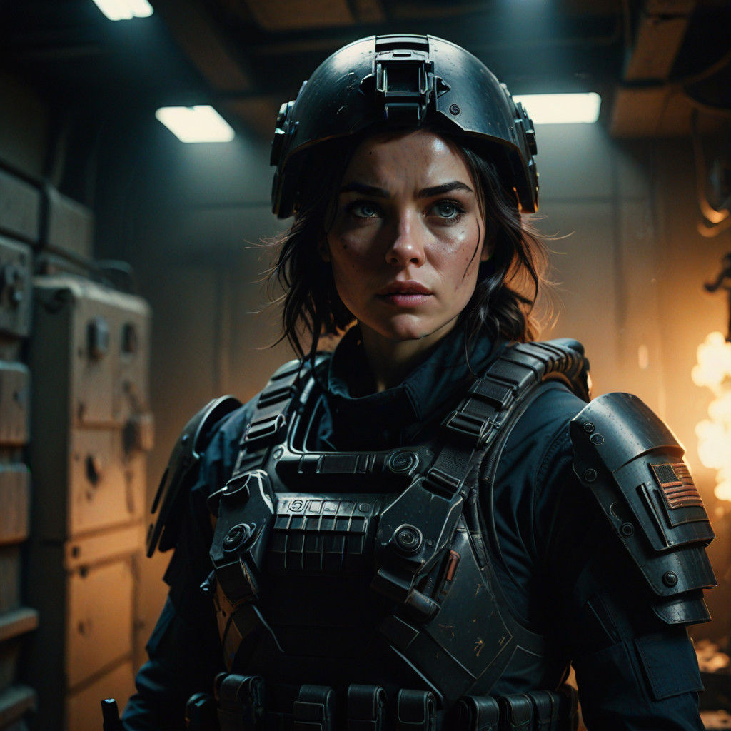 Strong Curvy Female Soldier in Military Bunker