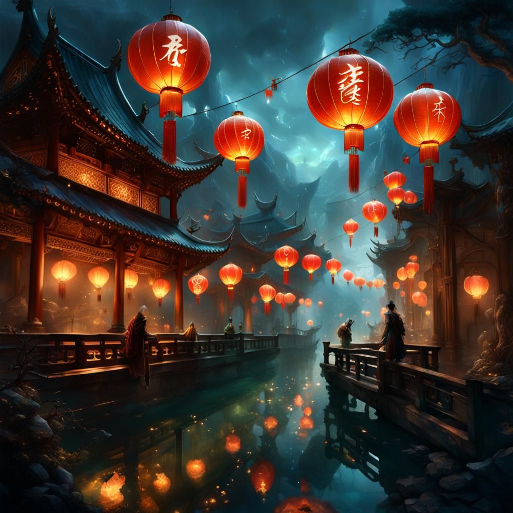 Dreamscape of Chinese Lantern Festival Over Lake