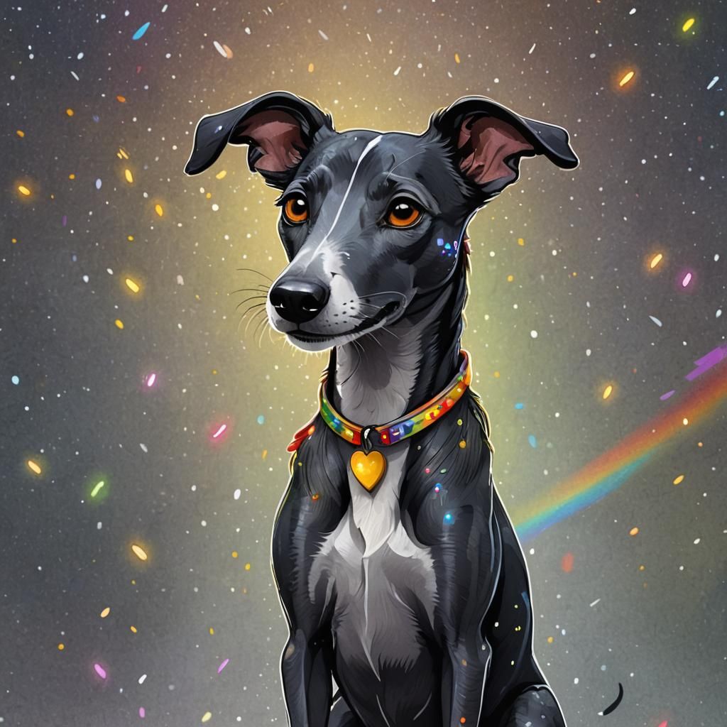 Cute Disney-Style Whippet Cartoon in Rainbow Hues
