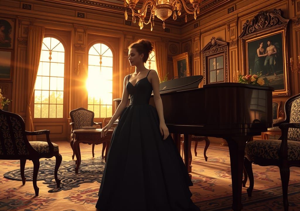 Woman at Piano in Opulent Salon, Ink Painting Style