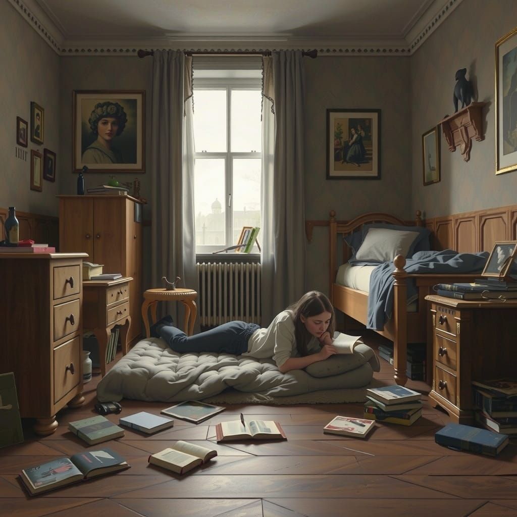 Girl Reading Book on Floor, Realist Style