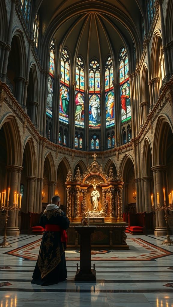 Gothic Cathedral Interior with Praying Priest