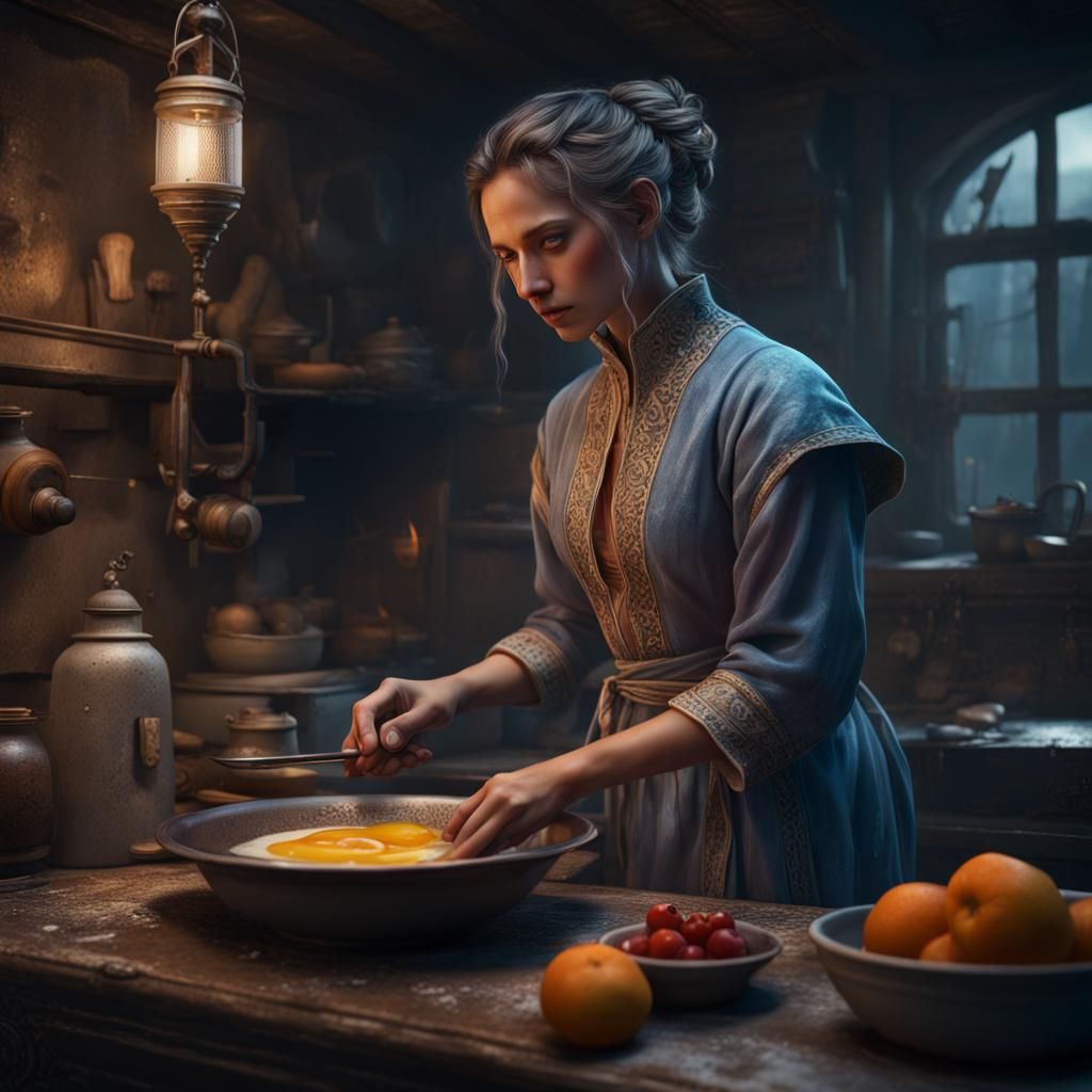 Young Woman Prepares Breakfast: Detailed Matte Painting