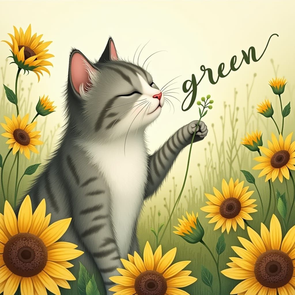 Cat and Green Flower in Whimsical Watercolor Style