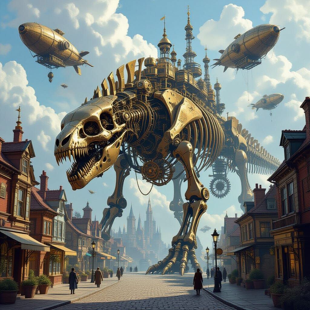 Steampunk City on Giant Skeleton, Detailed Illustration
