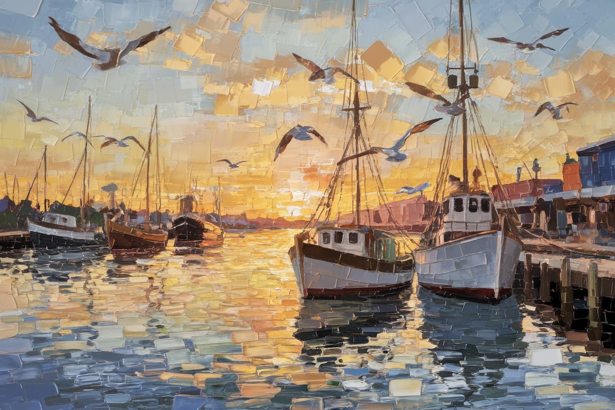 Vibrant Harbour Sunrise in Expressive Impasto Style
