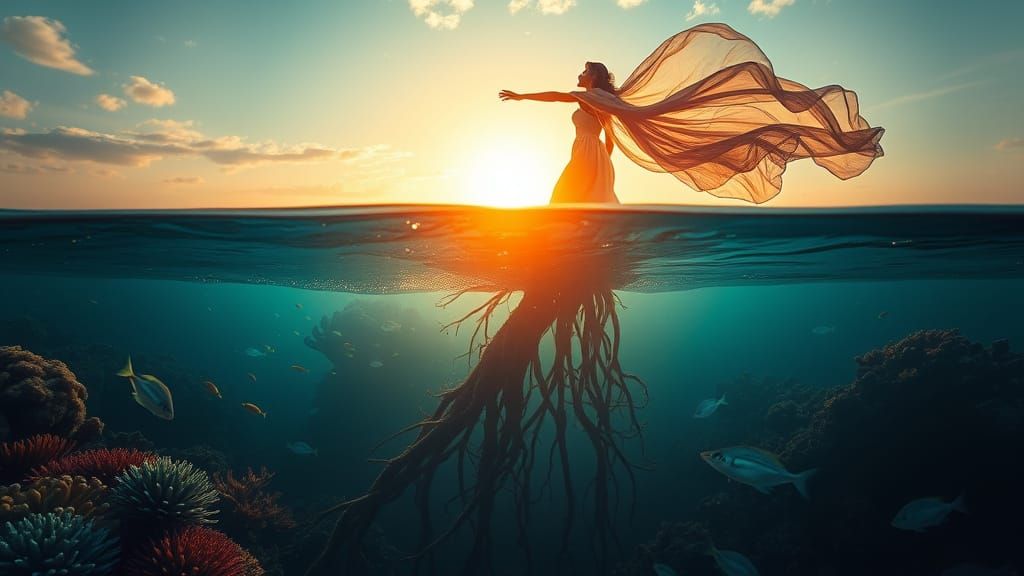 Dreamlike Fusion of Two Worlds: Iridescent Woman and Underwa...