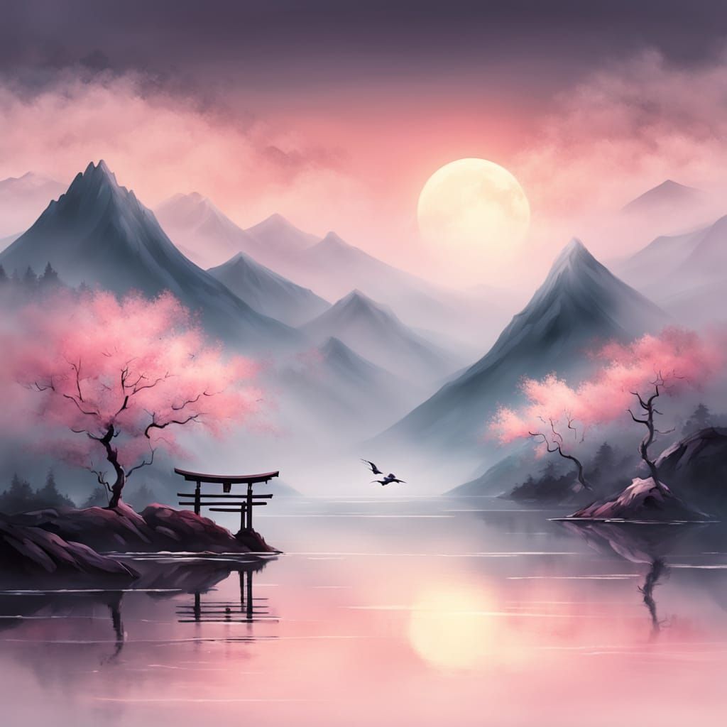 Ethereal Taoist Landscape in Japanese Ink Style