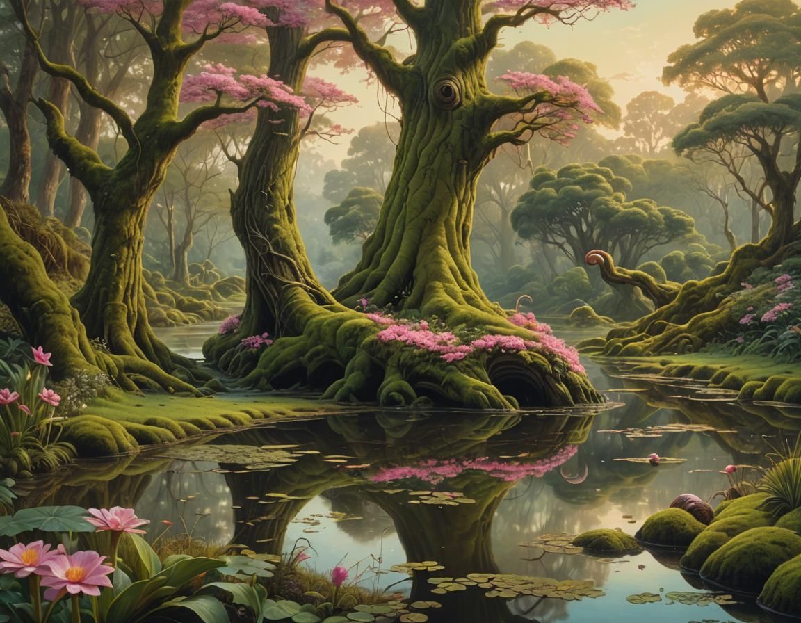 Colossal Boot Tree Beside Pond: Hyper-Realistic Digital Art