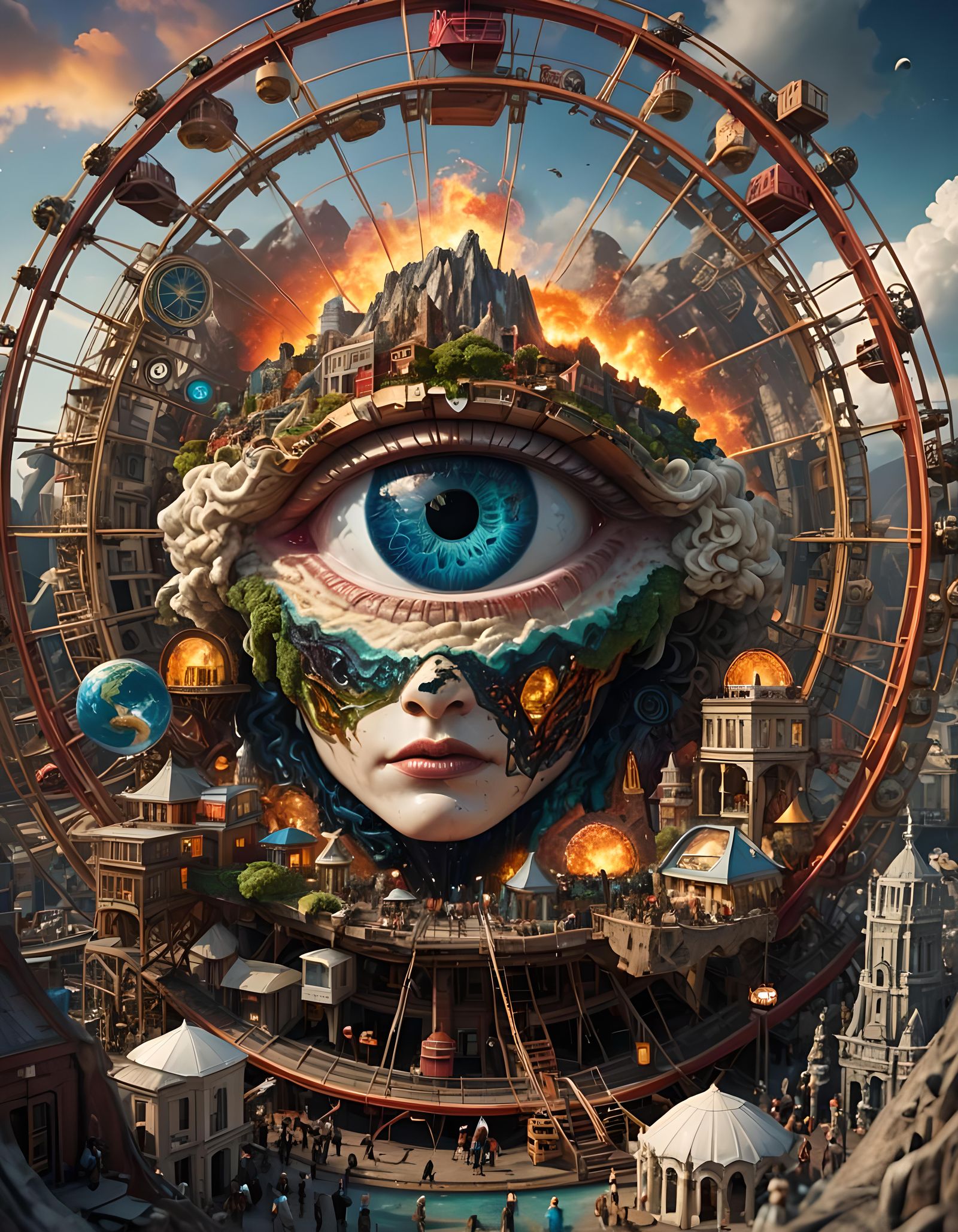 Earth Cross-Section with Clockwork Eye and Volcano