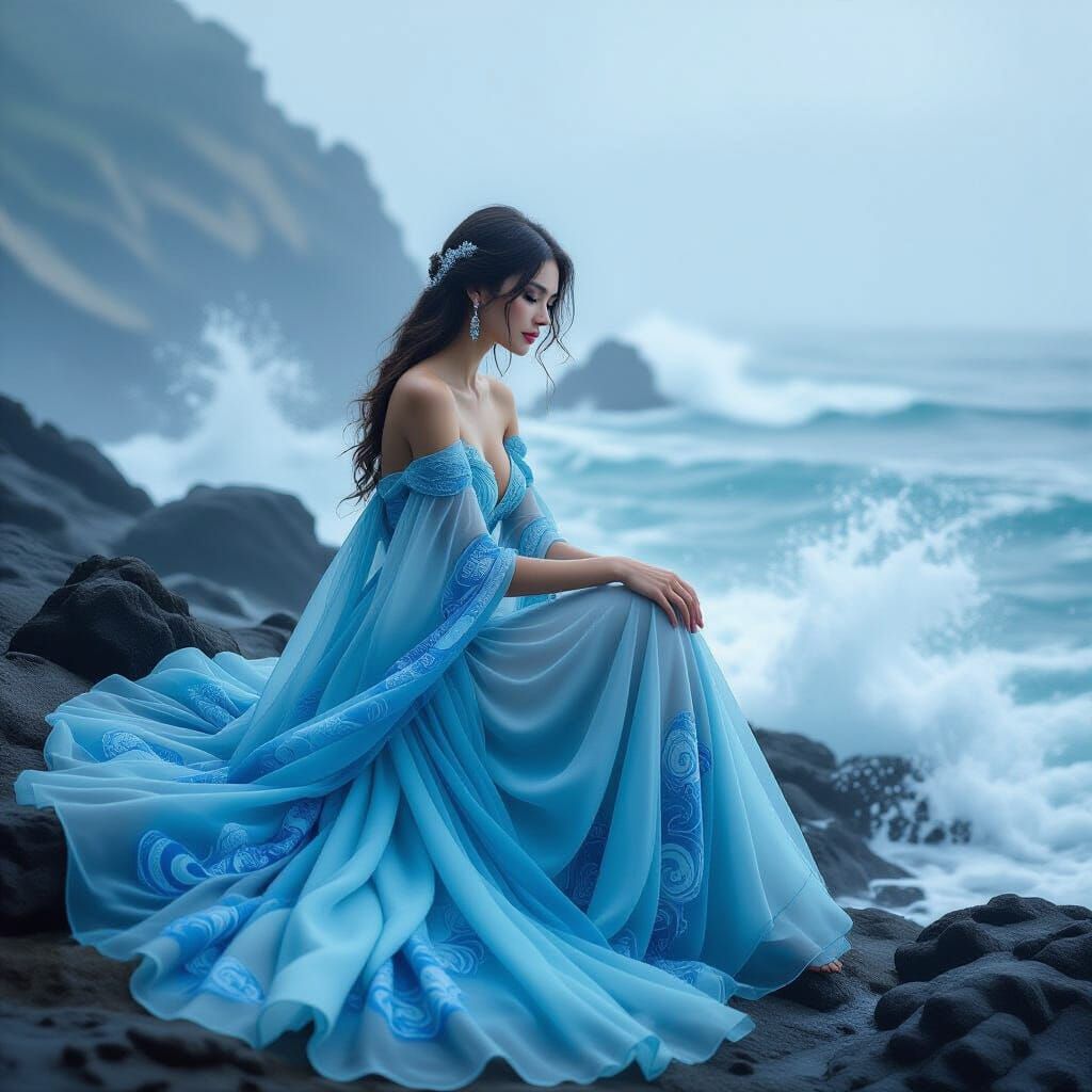 Oceanic Gown on Rocky Coastline: Ethereal Art